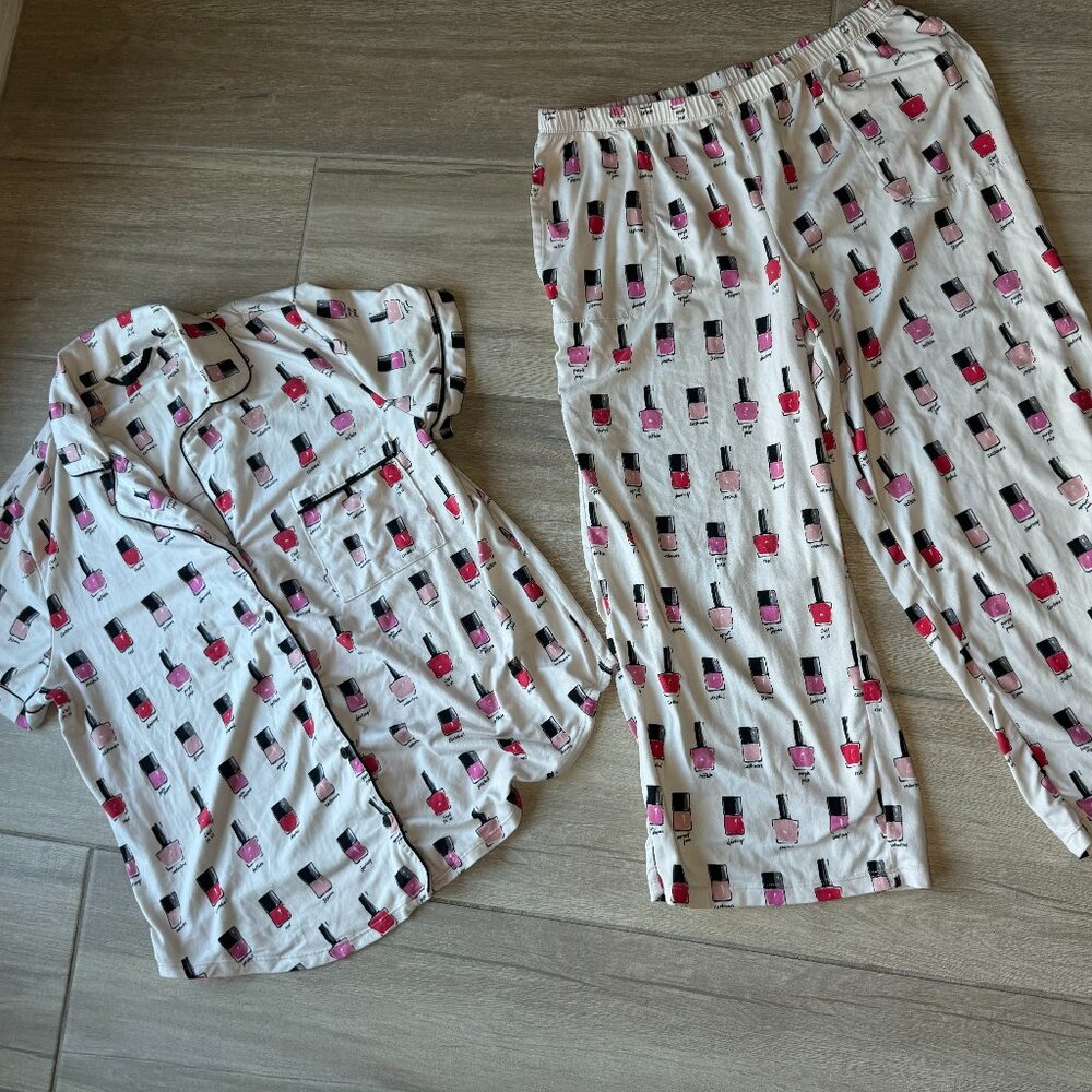 Kate Spade Nail Polish Print White Pajama Set Top & Bottom - Women's Medium